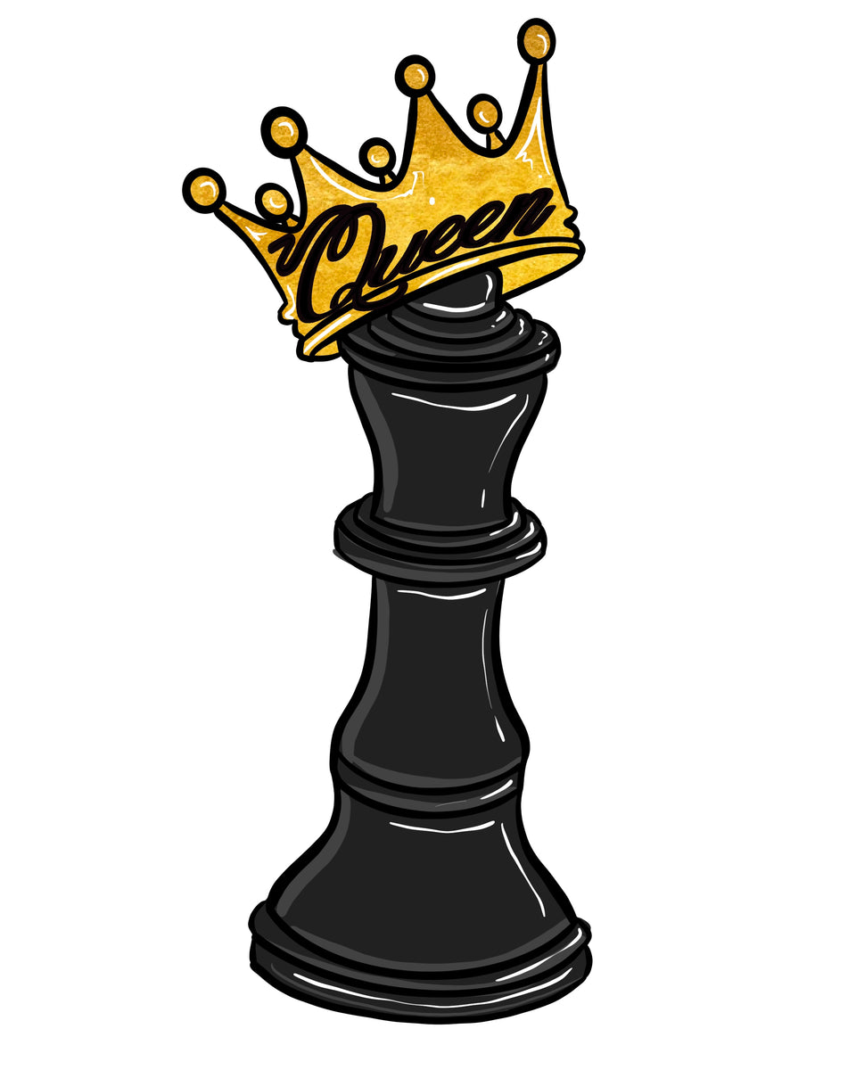 A luxurious queen chess piece black with gold crown on corner of